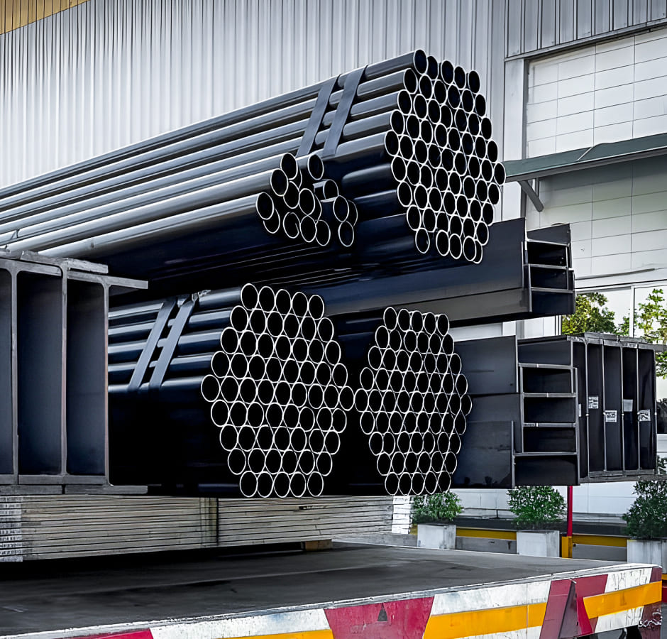 トラックに積まれた鉄パイプ